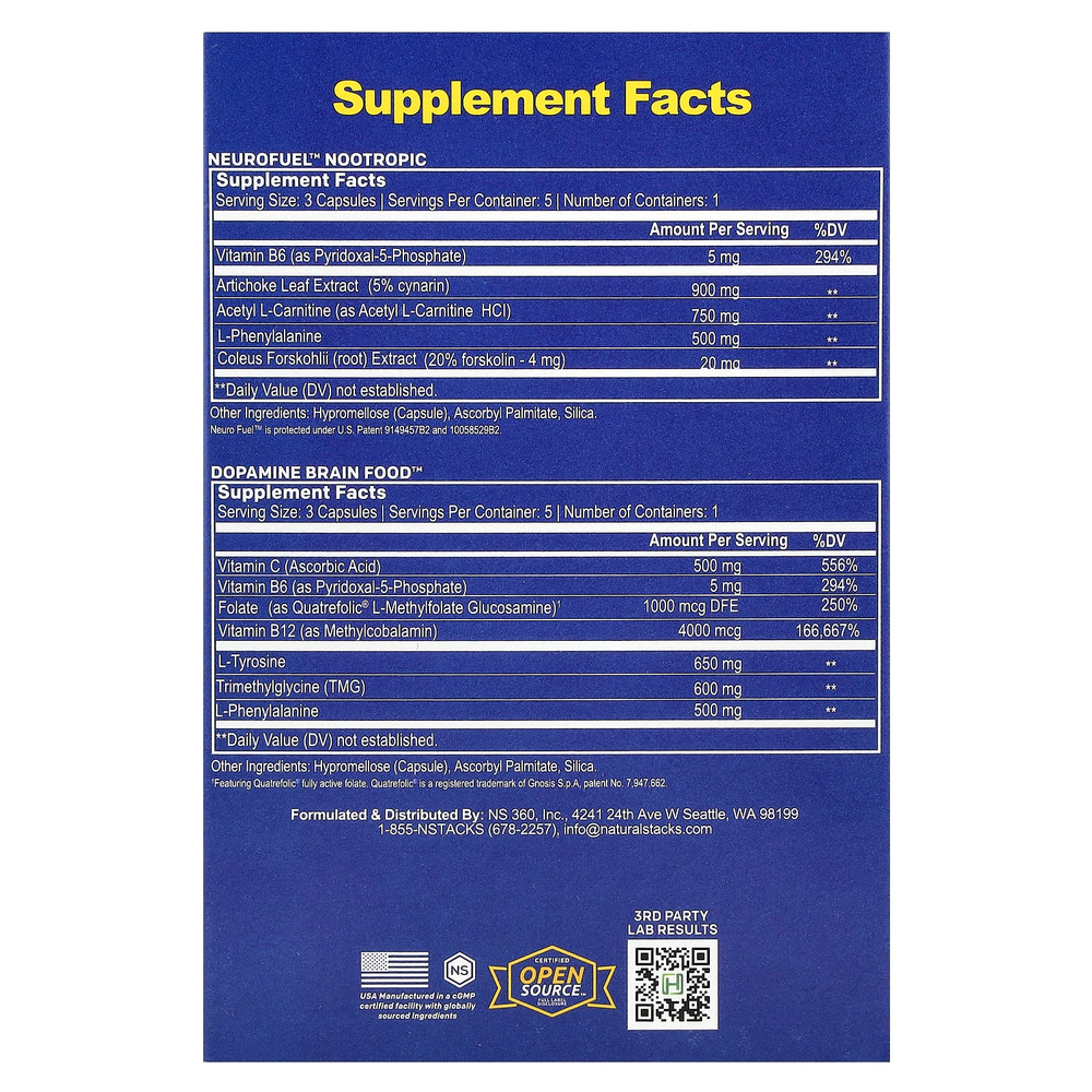 Natural Stacks, Focus Stack, 2 бутылки, 15 вегетарианских капсул в каждой