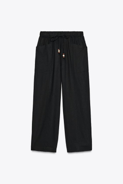 ZARA БРЮКИ ИЗ ЛЬНЯНОЙ ТКАНИ С БУСИНАМИ НА ШНУРКЕ, ЧЕРНЫЙ