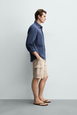 ZARA ШОРТЫ КАРГО ИЗ СМЕСИ ХЛОПКА И ЛЬНА, СВЕТЛО-БЕЖЕВЫЙ