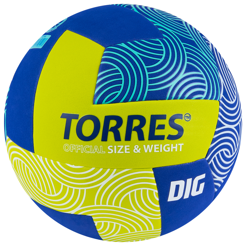 Мяч волейбольный TORRES Dig, V22345, р.5, синт.кожа (ТПЕ), клееный, бут.кам,салатово-синий