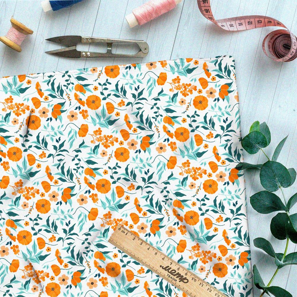 Ткань оксфорд 600 выцвевшие маки и листья на белом фоне