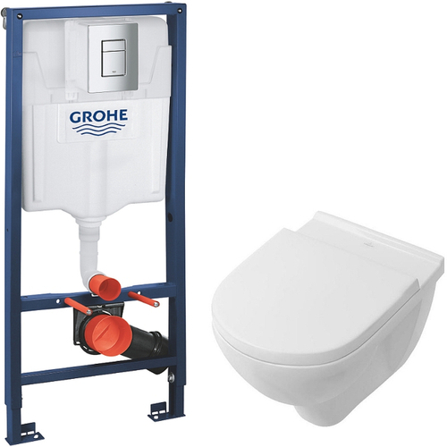 Комплект унитаза Villeroy&Boch O Novo 5660H101 с инсталляцией Grohe Rapid SL 38772001 с сиденьем Микролифт и клавишей смыва Хром