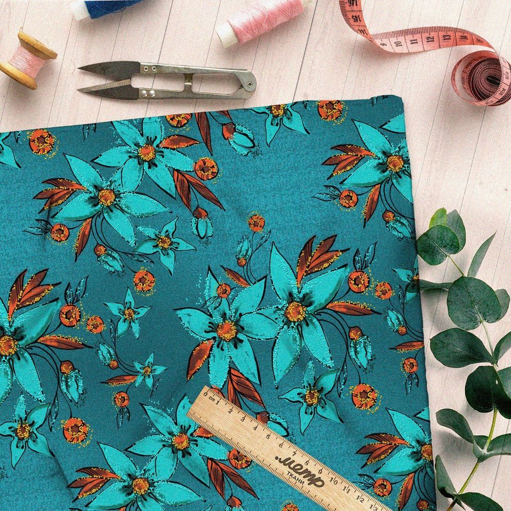 Ткань мембрана цветы пять лепестков на синем