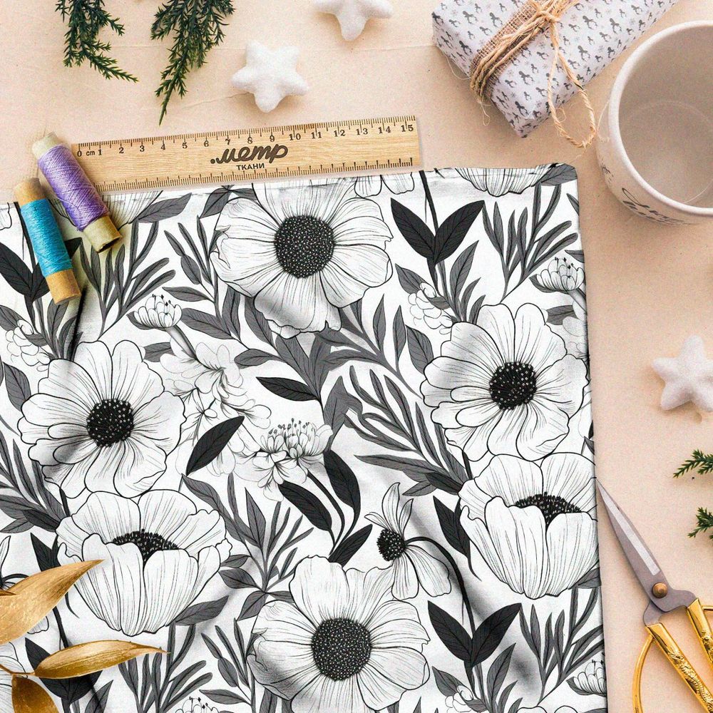 Ткань премиум атлас черно-белый цветник