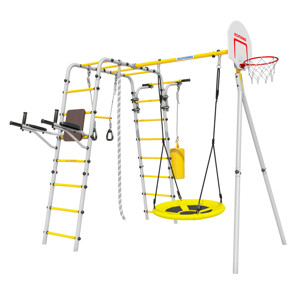 Детский спортивный комплекс для дачи ROMANA Fitness (Фитнес, желтый/серый) (с качелями гнездо)