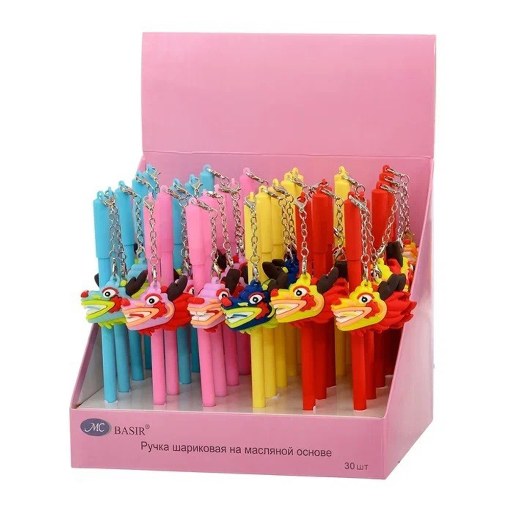 Ручка шариковая, Basir, синие чернила, с брелоком, серия "Дракон", разноцветный корпус, 30 шт
