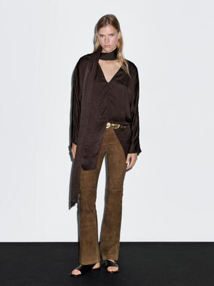 Massimo Dutti Длинная блуза из струящейся ткани с завязками на горловине, коричневый