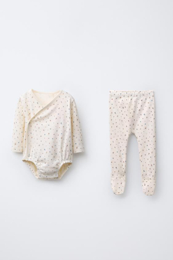 ZARA КОМПЛЕКТ ИЗ БОДИ И ЛЕГИНСОВ С ЦВЕТОЧНЫМ ПРИНТОМ, ЭКРЮ