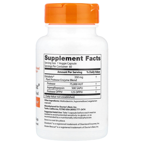 Doctor's Best, смесь ферментов Gluten Rescue®, 60 растительных капсул