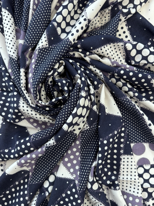 Штапель принт пэчворк/горох белый на синем D24C1