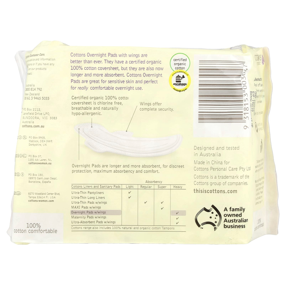 Cottons, Ночные прокладки с крылышками, покрывающий слой из 100% чистого хлопка, для большого объема выделений, 10 штук