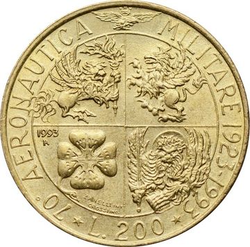 200 лир 1993 Италия «70 лет военной авиации»