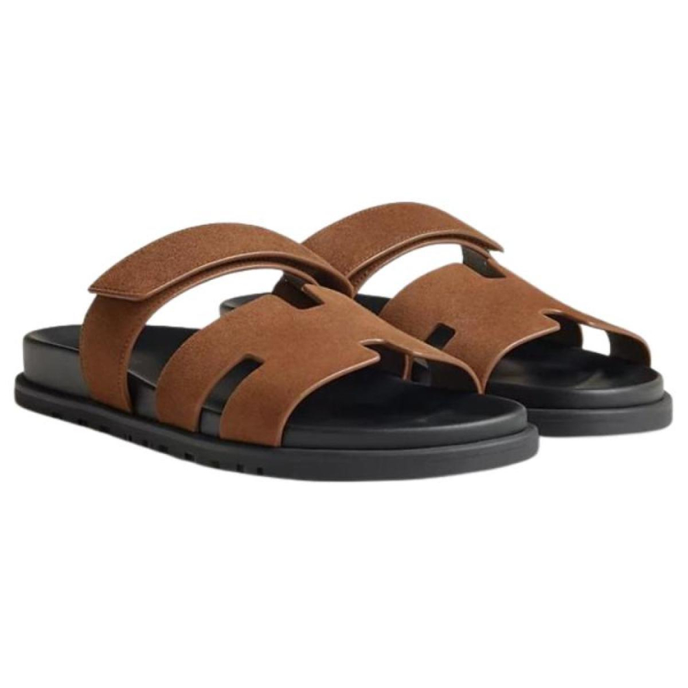 Hermes Chypre leather comfortable and fashionable one-word slippers men's brown, H222856Z HE5