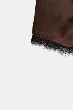 ZARA АТЛАСНЫЕ ШОРТЫ-БЕРМУДЫ С КРУЖЕВОМ, КОРИЧНЕВЫЙ