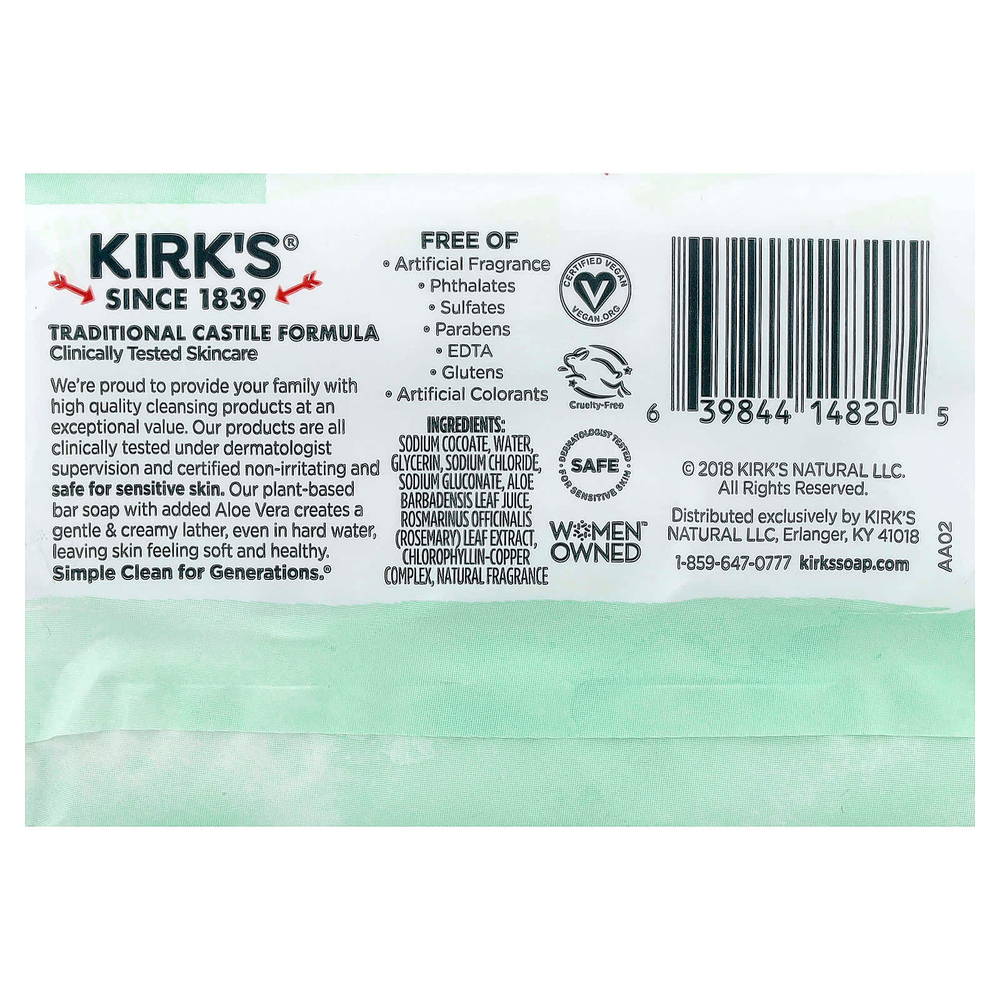 Kirk's, 100% кусковое мыло с кокосовым маслом премиального качества, успокаивающее алоэ вера, 3 куска по 113 г (4 унции)