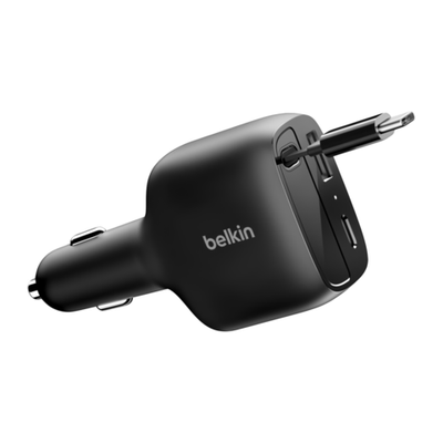 Автомобильное зарядное устройство со встроенным кабелем Belkin BoostCharge мощностью 75 Вт (USB-C, USB-A) (CCC001) Есть LED-индикация, встроенный плоский кабель-рулетка USB-C (0,75 м), поддержка PD и PPS