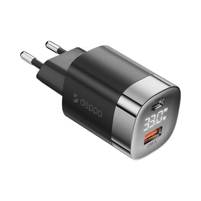 Сетевое зарядное устройство Wall Charger USB-C + USB A, PD 3.0, QC 3.0, 33W, дисплей, черный