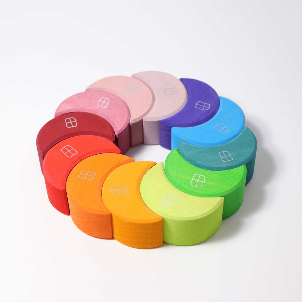 Деревянная пирамидка балансир "Лунные домики", 16 деталей