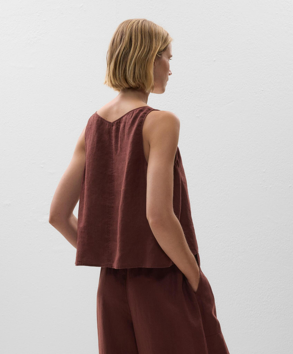 Oysho Топ из 100% льна с V-образным вырезом, шоколадный