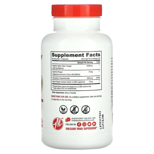 Metabolic Nutrition, Яблочный уксус, 90 капсул