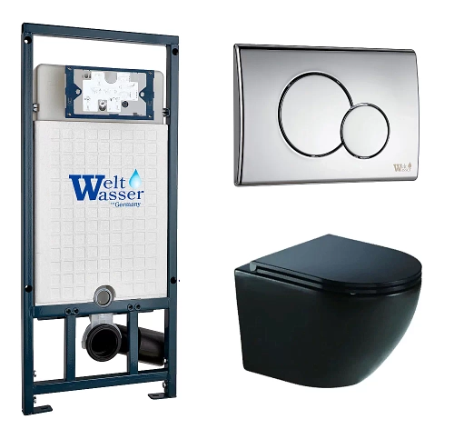 Унитаз подвесной WeltWasser MARBERG 507 + MERZBACH 043 GL-BL + MAR 507 RD-CR черный глянцевый, безободковый, с крышкой микролифт, слив-торнадо, с инсталляцией и кнопкой хром