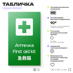 Табличка Аптечка первой помощи, на дверь и стену, информационная и мультиязычная (русский, английский, китайский), серия GLOBAL, 25х15 см, Айдентика Технолоджи