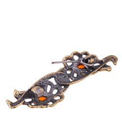 AM-3845 Брошь «Перышки Павлина» (латунь, янтарь)