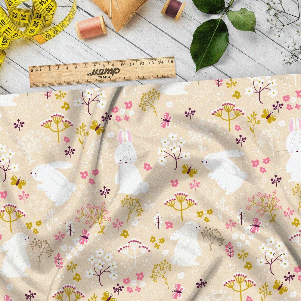 Ткань атлас белые зайки в поле