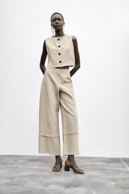 ZARA БРЮКИ В СТИЛЕ РУСТИК С БАХРОМОЙ, ПЕСОЧНЫЙ