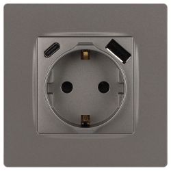 Выключатель ЭРА Серия 12 12-4108-16 2P+E 16A-250В со шторками с USB type-A+C 5В-3А титан | ЭРА 12 Титан