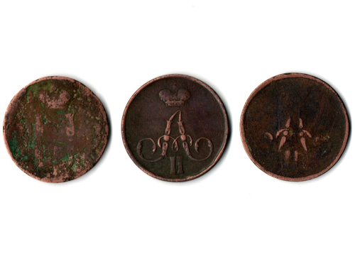 Набор из 3 монет 1 копейка 1859 ЕМ, 1854, 1865 г.