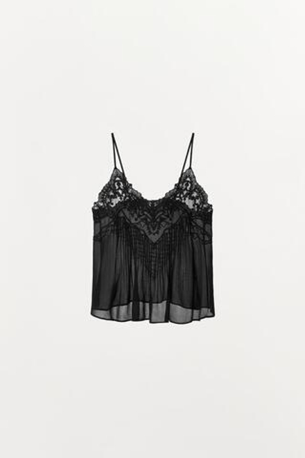 ZARA ТОП В БЕЛЬЕВОМ СТИЛЕ С ВЫШИВКОЙ И БУСИНАМИ — ZW COLLECTION, ЧЕРНЫЙ