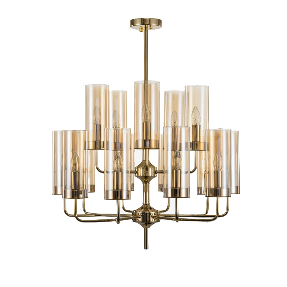 Chandelier  Brass & Blue Glass Tube by Hans-Agne Jakobsson (15 lampshades,  Beige)