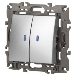 14-1105-03 ЭРА Выключатель двойной с подсветкой, 10АХ-250В, IP20, Эра Elegance, алюминий