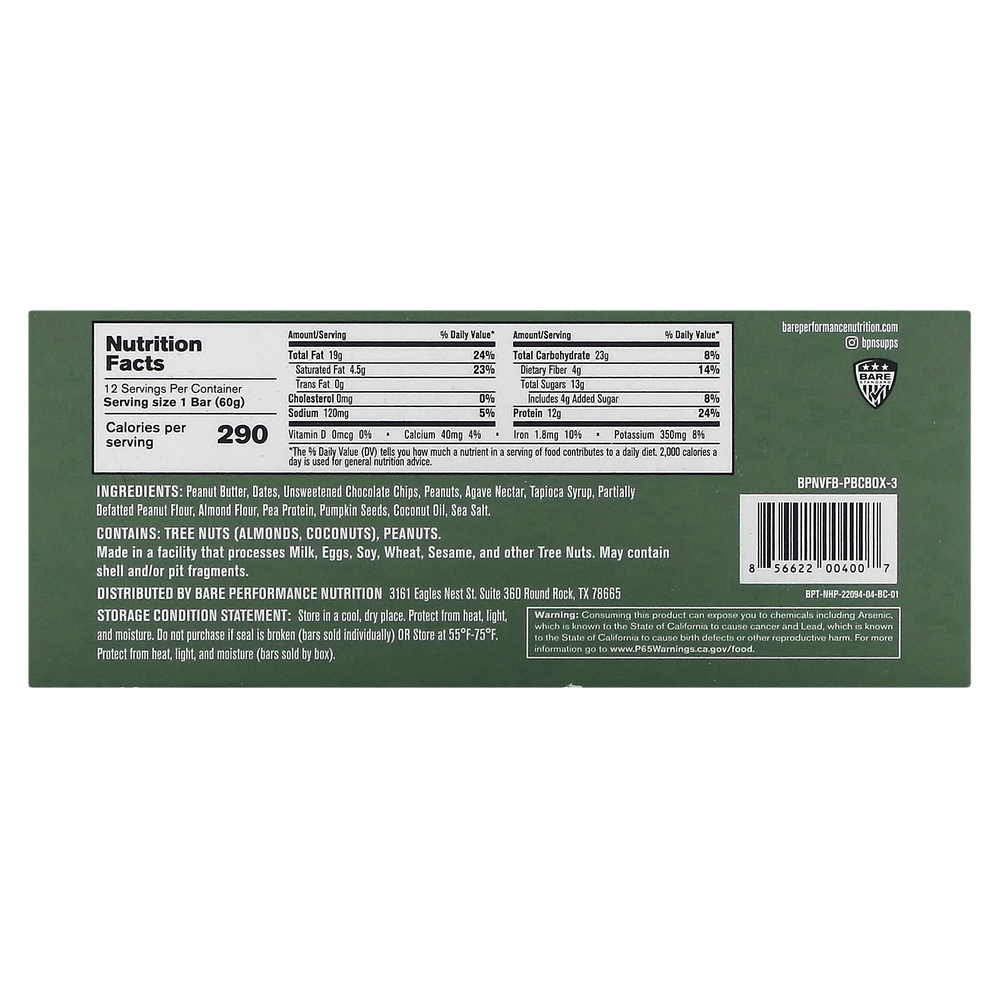 Bare Performance Nutrition, Field Bar, батончик с арахисовой пастой, 12 батончиков по 60 г (2,12 унции)