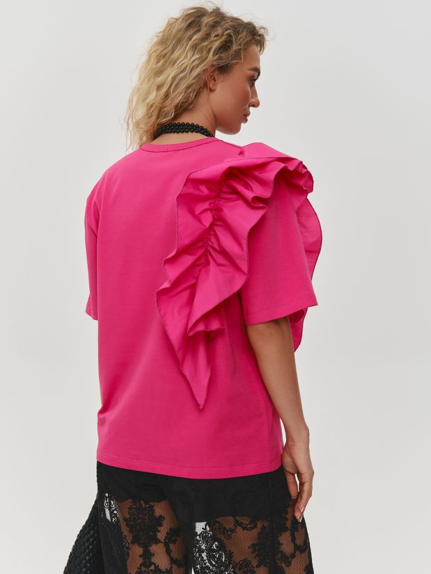 Футболка с воланом, фуксия