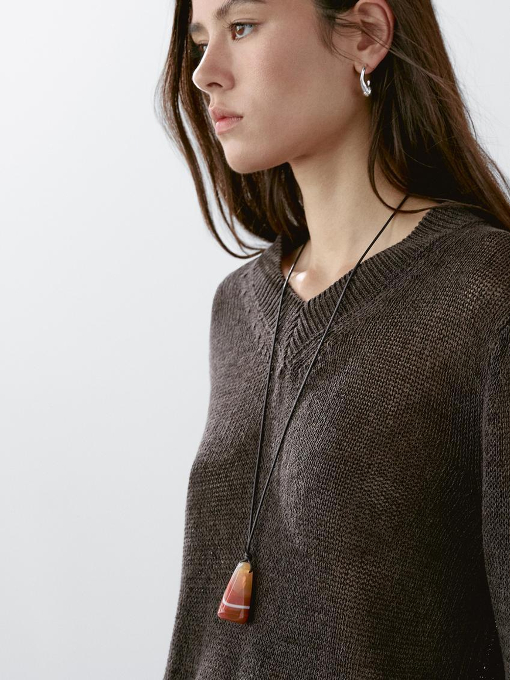 Massimo Dutti Свитер с V-образным вырезом из смесового хлопка, шоколадный