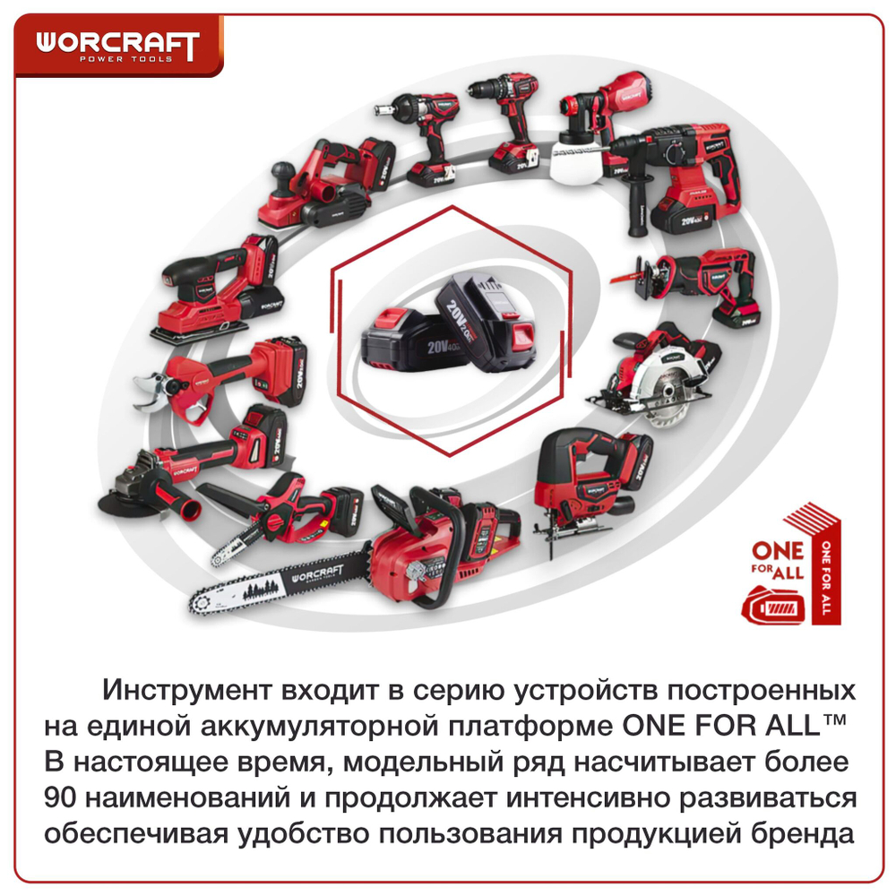 WORCRAFT Аккумулятор переносной литий-ионный для шуруповерта и электроинструмента 20V Li-ion, 2.0Ah.