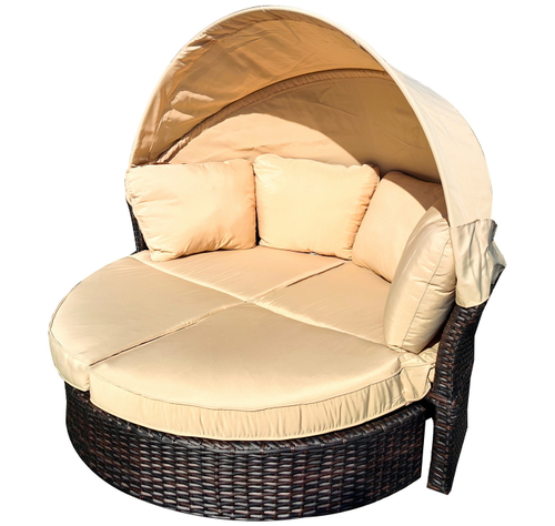 Трансформирующаяся круглдая кровать из ротанга JHB2165, цвет коричневый, подушки бежевые