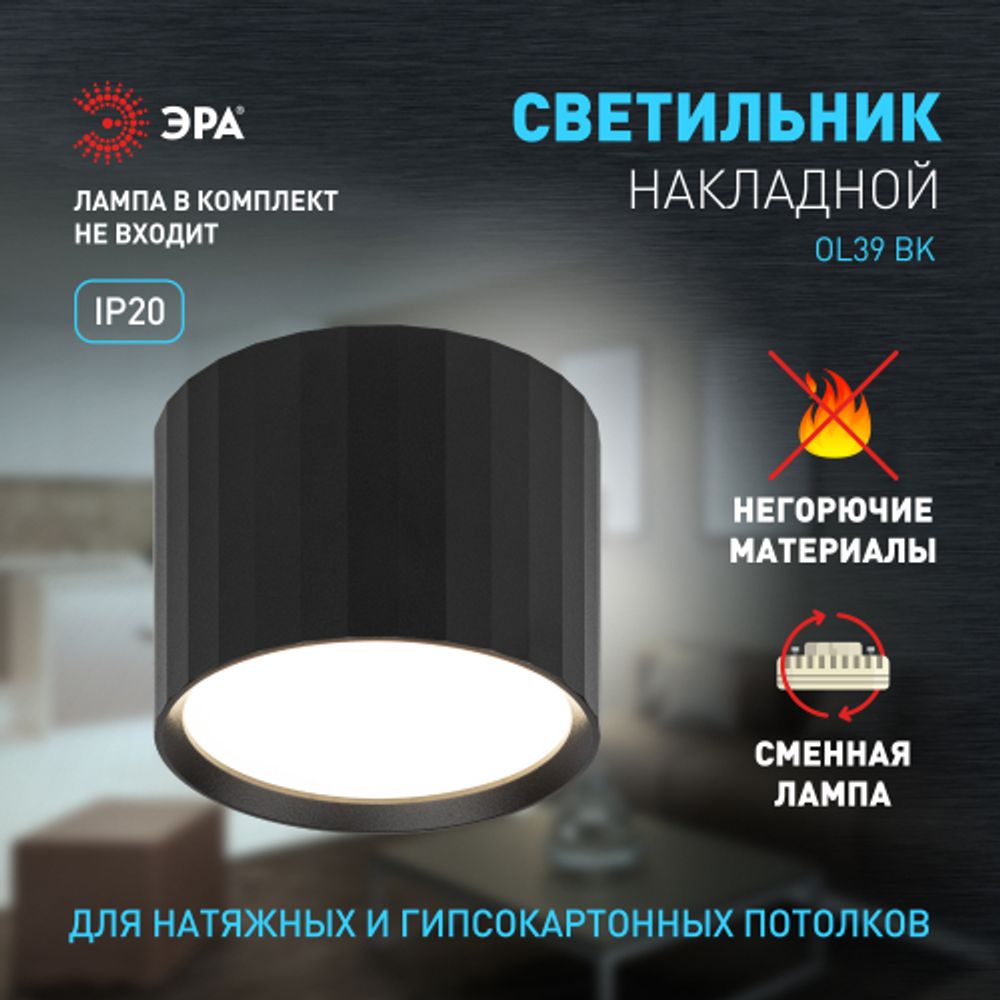 Светильник настенно-потолочный спот ЭРА OL39 BK под GX53 IP20 черный