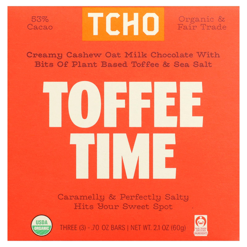 TCHO, Toffee Time, шоколад из овсяного молока с ирисом и морской солью, 53% какао, 3 батончика по 0,70 унции