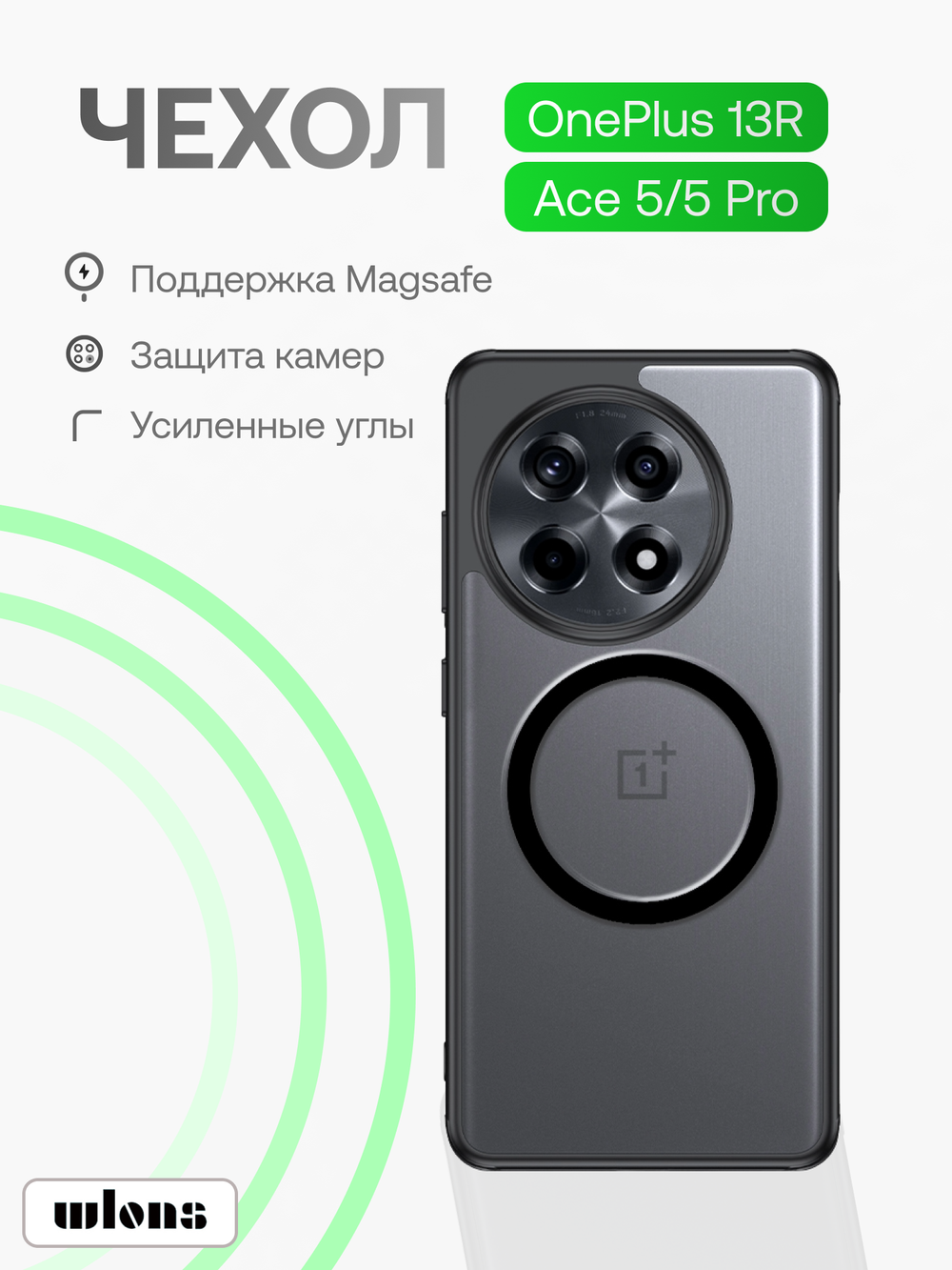 Чехол с Magsafe для OnePlus 13R (Ace 5/5 Pro) прозрачный матовый с черным бортом WLONS