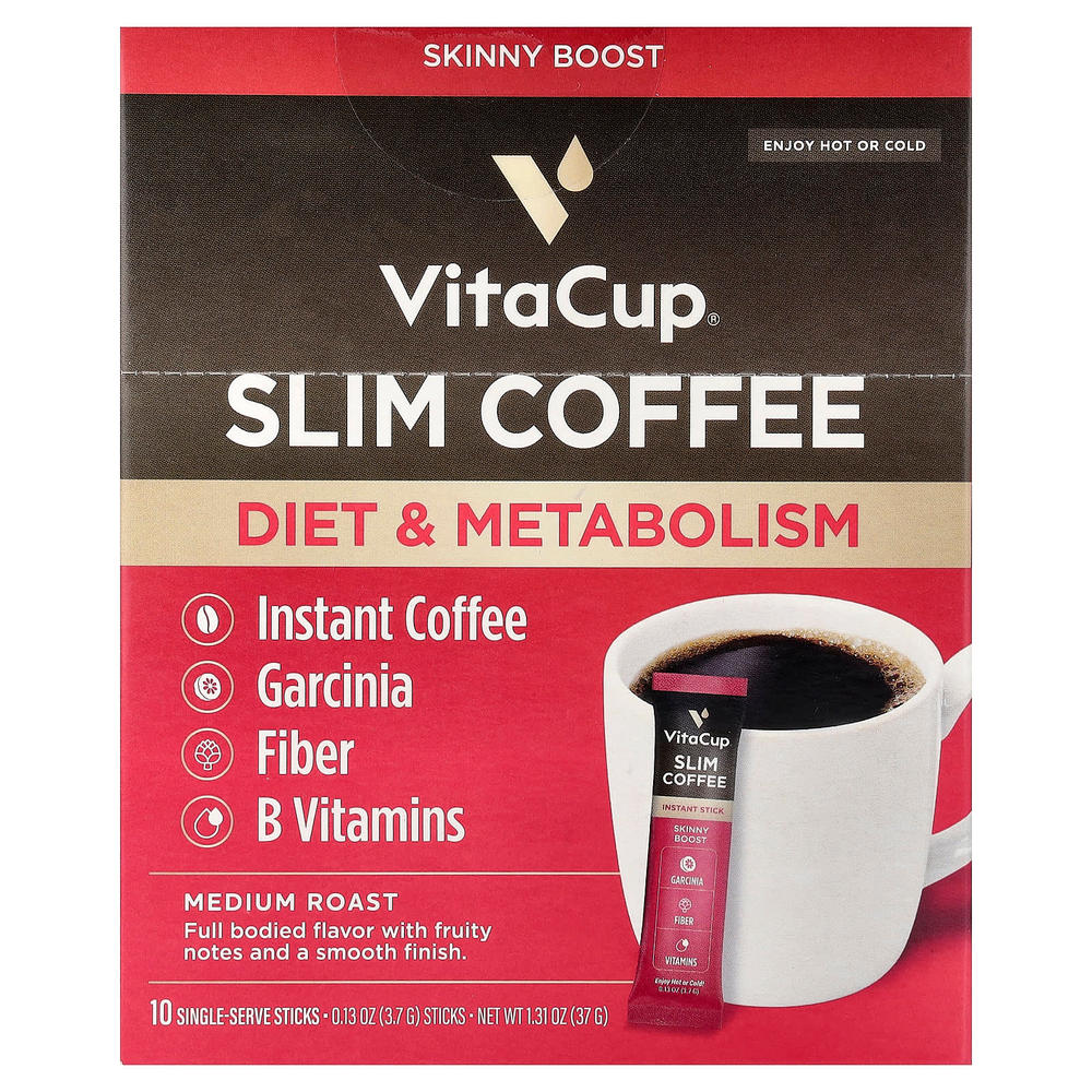 VitaCup, Растворимый кофе Slim, средней обжарки, 10 стиков на одну порцию, 3,7 г (0,13 унции)