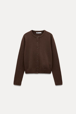 ZARA БАЗОВЫЙ КАРДИГАН ИЗ 100% ШЕРСТИ, КОРИЧНЕВЫЙ