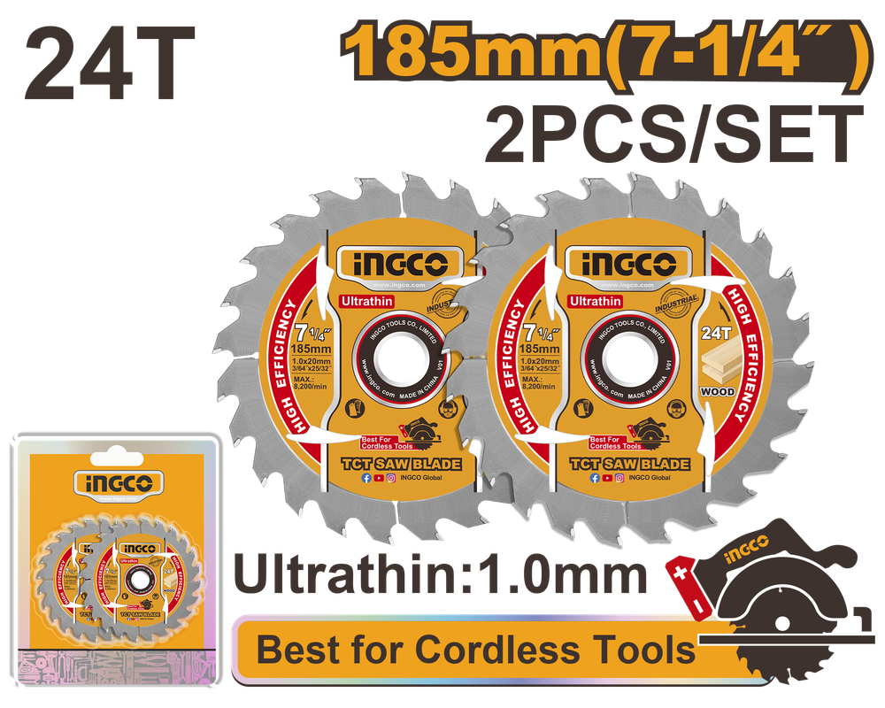 Диск пильный по дереву ультратонкий TCT INGCO TSB1853 INDUSTRIAL 185х20х1 мм 24Т 2 шт.