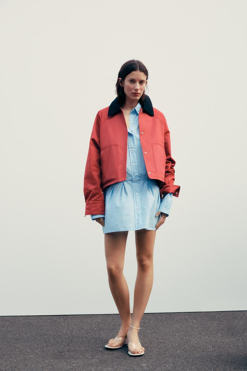 ZARA ПЛАТЬЕ-РУБАШКА СО СКЛАДКАМИ, ВОДЯНИСТО-ГОЛУБОЙ