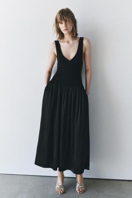 ZARA КОМБИНИРОВАННОЕ ПЛАТЬЕ МИДИ — ZW COLLECTION, ЧЕРНЫЙ