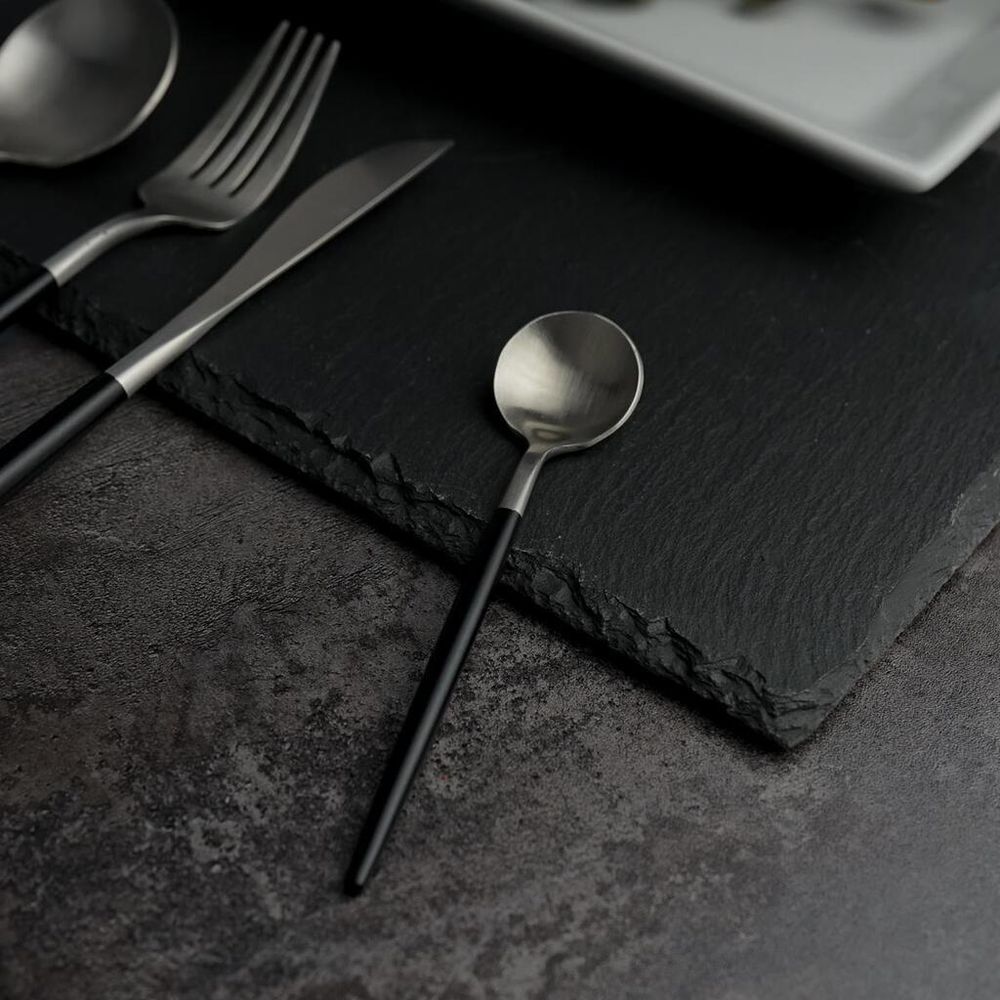 Ложка чайная 13,1 см матовая серый цвет черная ручка PVD   [12]