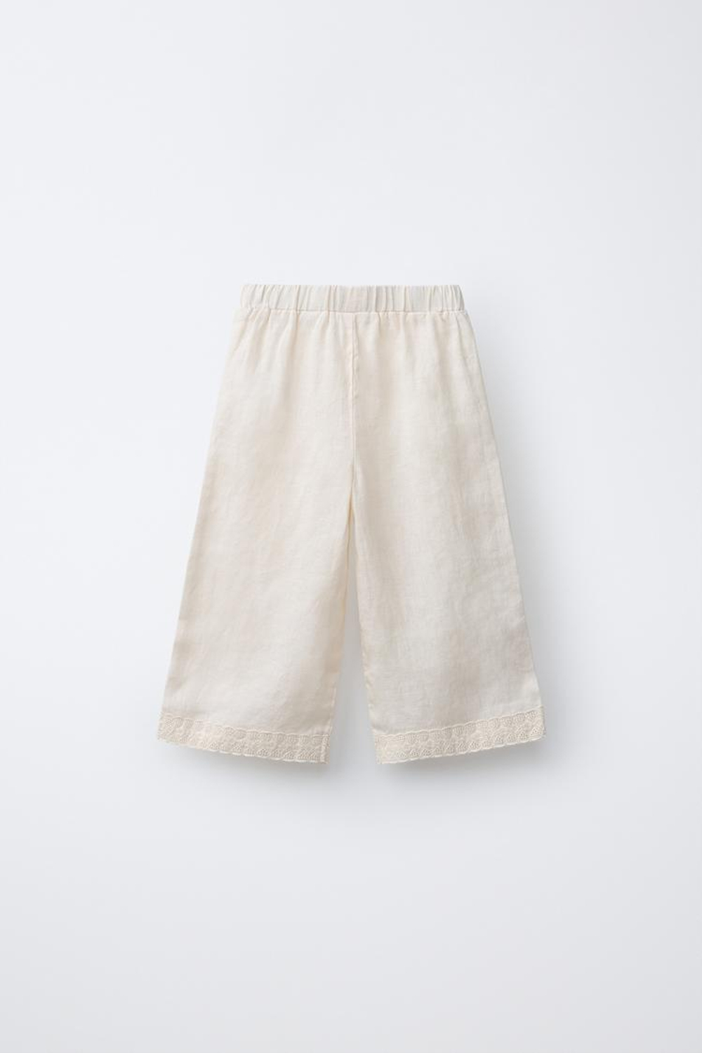 ZARA БРЮКИ-КЮЛОТЫ ИЗ 100% ЛЬНА С КРУЖЕВОМ, ЭКРЮ