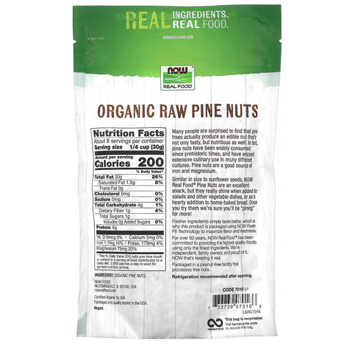 NOW Foods, Real Food, органические, кедровые орехи, сырые, 8 унций (227 г)